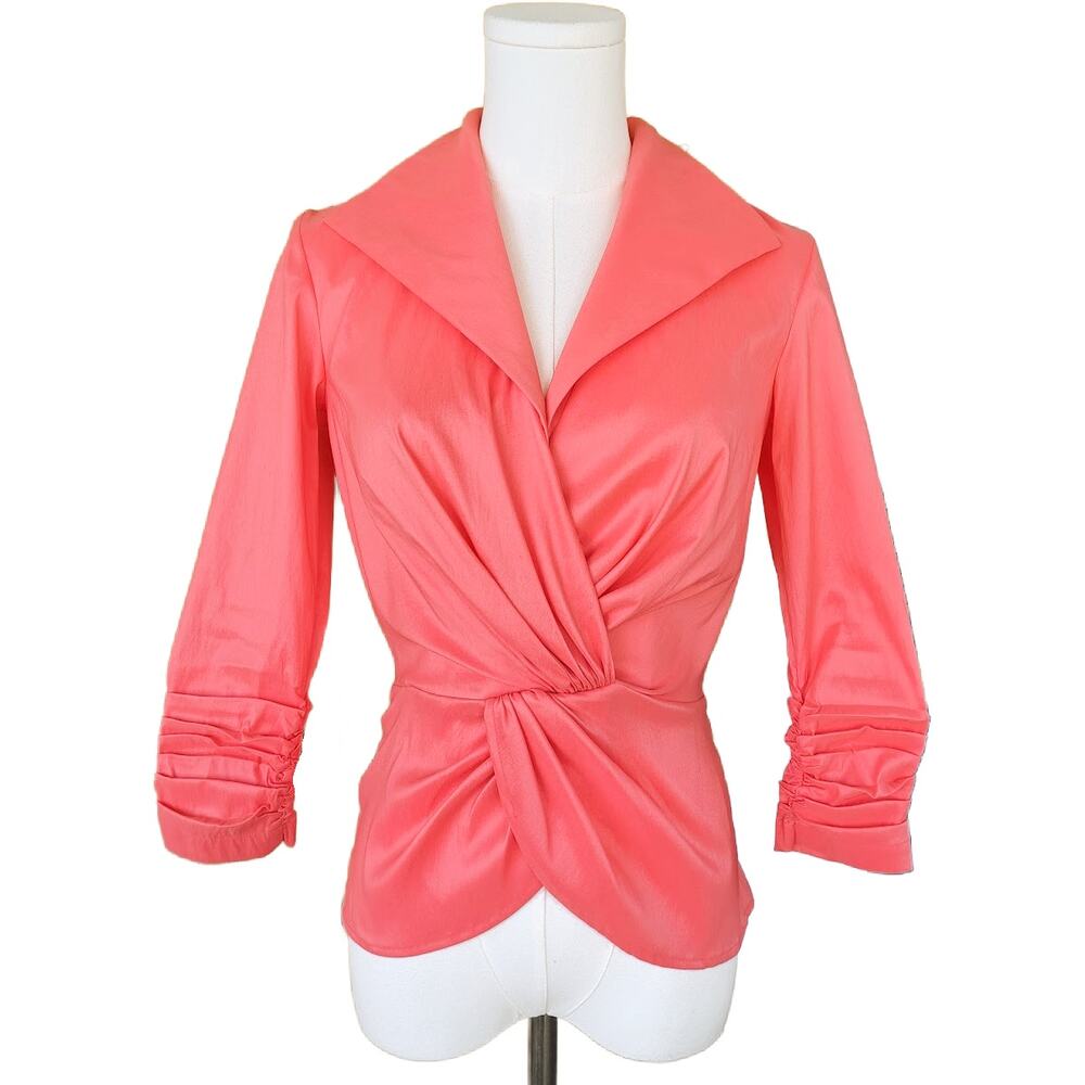 Tadashi Shoji Coral Taffeta Wrap Blouse Portrait Collar 3/4 Sleeve Sz 2 Cocktail